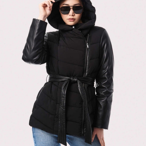 Women's Black Puffer Wrap Coat - Picture 5 of 10